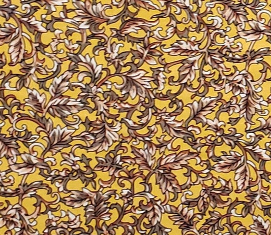 Designed by Beth Ann Bruske for David Textiles, Inc. - Dark Yellow Fabric / Rust, Taupe, Tan and White Paisley Leaf Print