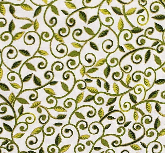 Designed and Produced Exclusively for JoAnn Fabric & Craft Stores-Soft White Fabric/Multi-Tone Green Leaf Scroll Print/Gold Metallic Accent