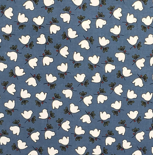 Dark Colonial Blue Fabric / White Cartoon-Style Bird Print / Green Branch