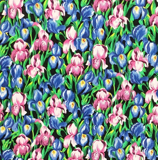 Printed Exclusively for Jo-Ann Stores- Black Fabric / Pink and Blue Iris Print / Bright Green Leaves