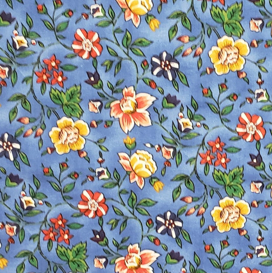 Textile Arts & Film - TAF - Medium Colonial Blue Fabric / Red, Dark Blue and Gold Flower Print