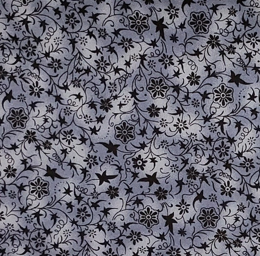 Designed and Produced Exclusively for Jo-Ann Stores - Blue Gray Tonal Fabric / Black Flower and Vine Print