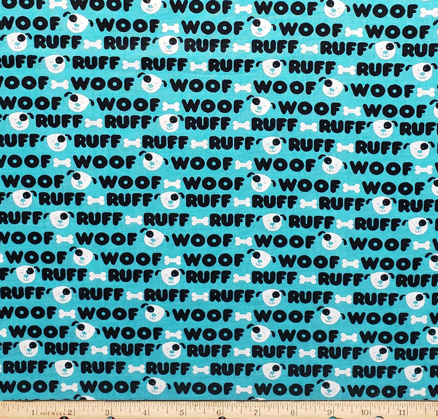 JoAnn Fabric - Dark Aqua Fabric with "Ruff" and "Woof" Print