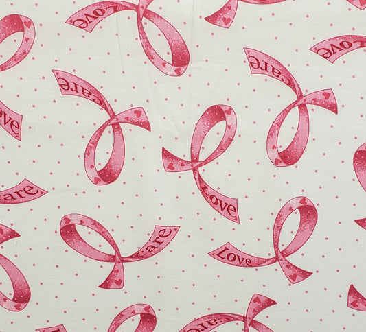 Breast Cancer Ribbon Print Fabric - Large Pink Dots on White Fabric