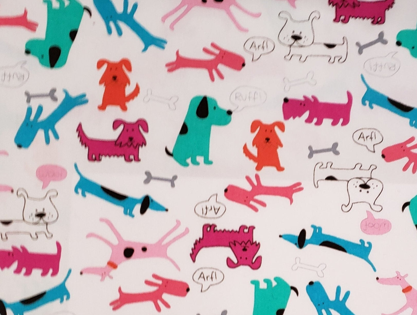 EOB - Style #44882 - White Fabric / Pink, Teal and Turquoise Cartoon-Style Dog Print