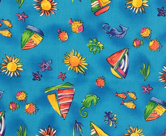 EOB - Textiles Screen Print - Bright Blue Fabric / Primary Colored Cartoon-Style Sailboats, Sea Creatures, Seahorses and Suns
