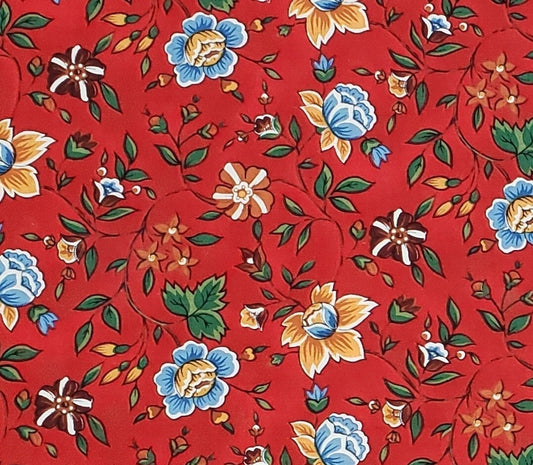 EOB - Deep Red Fabric / Goldenrod and Periwinkle Flowers