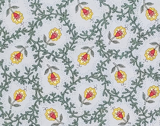 Provence II by Doreen Speckmann for Clothworks - Light Blue Fabric / Sage Green Leaves Surrounding Red and Yellow Flowers