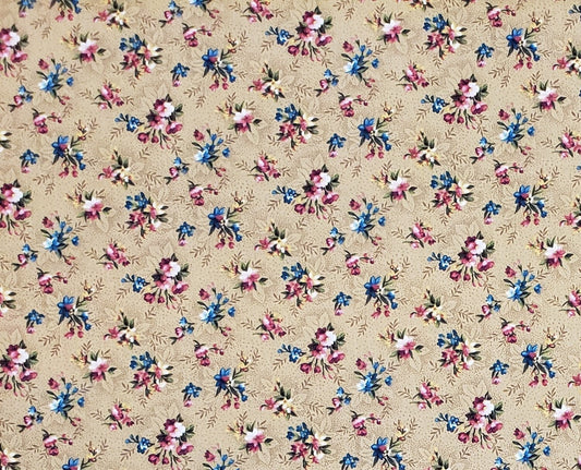 Petit Jardin for Free Spirit - Pink and Blue Floral Pattern / Golden Tan Fabric