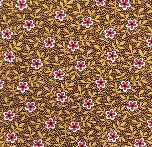 Baum Textile, Inc. - Dark Brown Fabric / Reproduction Style Red and White Flower Print / Tan Leaf Print