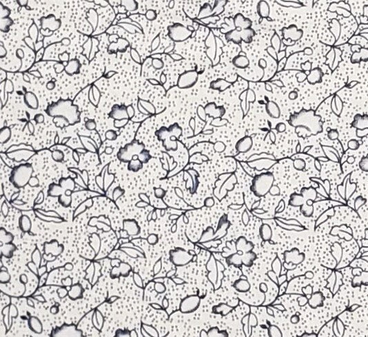 White Fabric - Reproduction Style Dark Blue Flower and Berry Print - Selvage to Selvage Print