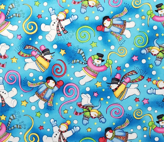 Timeless Treasures Fabrics, Inc. PATT#DAN-C6774 - Blue Tonal Fabric / Bright Pastel Snowmen / Swirls / Stars