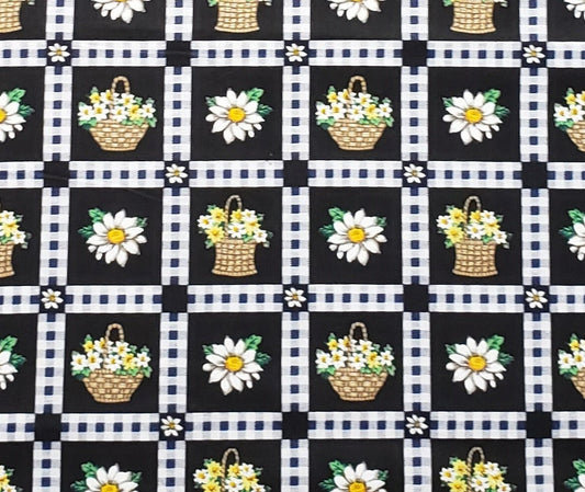 Black Fabric / White / Yellow Flower "Patchwork" / Navy and White 'Sashing' - Selvage to Selvage Print