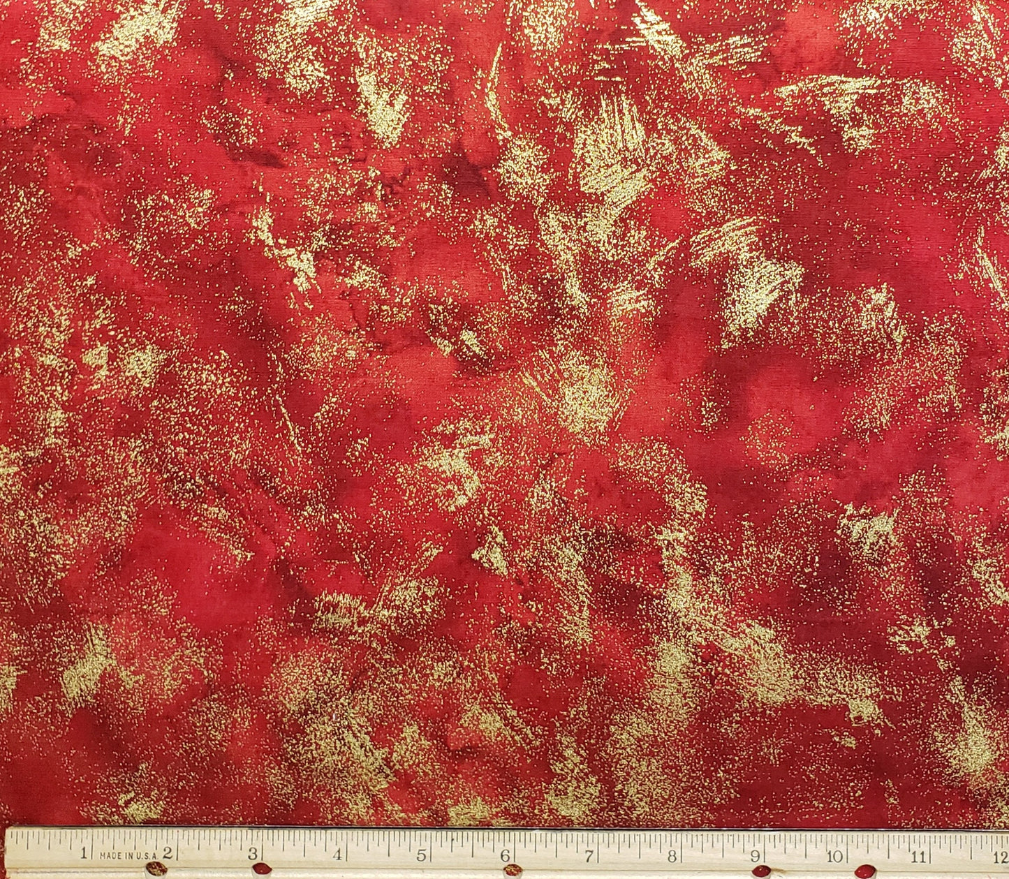 EOB - Marble Mate by Moda Pattern #9897 - Mottled Deeper Red Fabric with Metallic Gold Splattered Brushstroke Pattern
