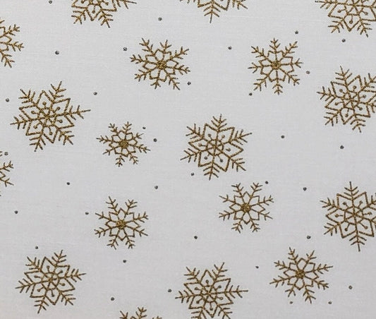 Soft White Fabric with Metallic Gold Snowflakes and Dot Pattern - Selvage to Selvage Print