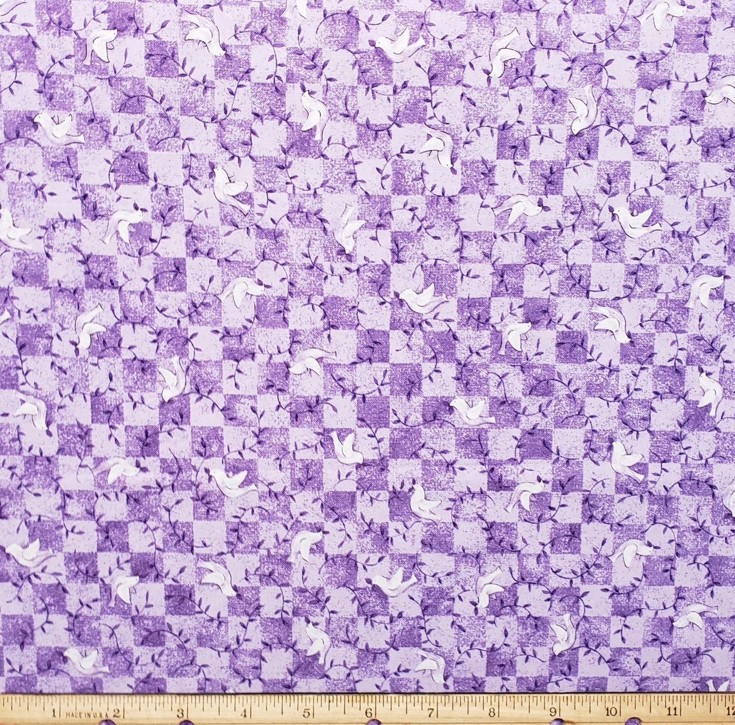 Noah's Ark by Jim Shore for Red Rooster Fabrics DSN #17031 - Two-Tone Purple Checkered Fabric with Darker Purple Vines and Bird Print