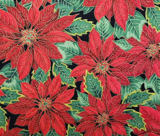 EOB - Woodland Splendor 2 Screen Print D# 7122 - Poinsettia Print on Black Fabric with Metallic Gold Accents