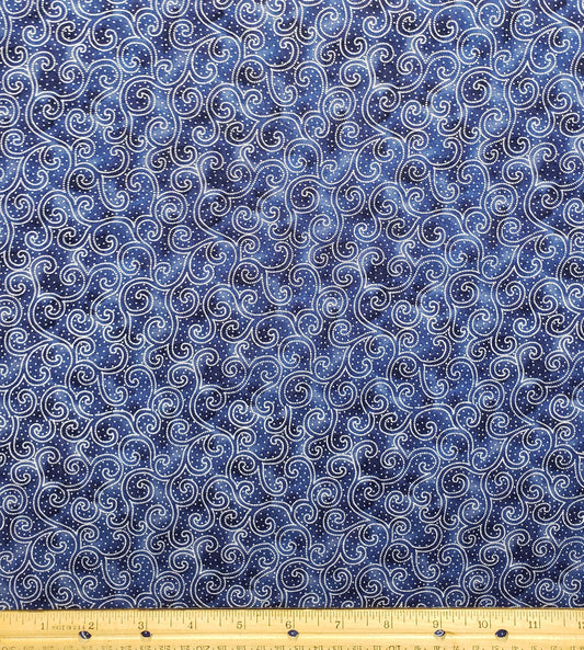 EOB - JoAnn Screen Print D# 4742 "Quilters Spectrum" - Mottled Dark Blue Fabric with White Dot Scroll Pattern