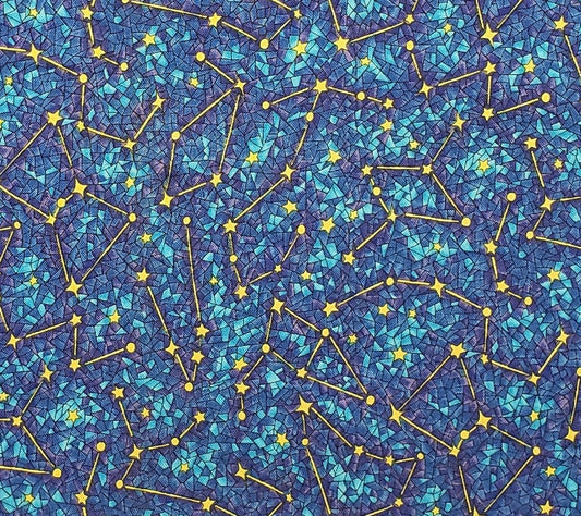 Celestial Creations by RJR Fabrics 2005 - Blue and Teal Fabric with Geometric Print Background and Gold Constellations