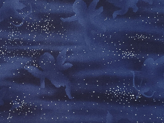 Toile Christmas by Sentimental Studios for Moda Pattern #15393 - Dark Navy and Blue Fabric with Cherub Silhouettes and Scattered White Spots