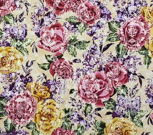 Designed and Produced Exclusively for JoAnn Fabric Stores-Tan Fabric with Pink & Yellow Roses/Purple Accents/Green Leaves/White Scroll