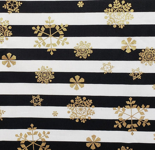 Makers Holiday Fabric - Printed in South Korea Exclusively for JoAnn - Black & White Vertical Stripe Fabric/Gold Metallic Foil Snowflakes