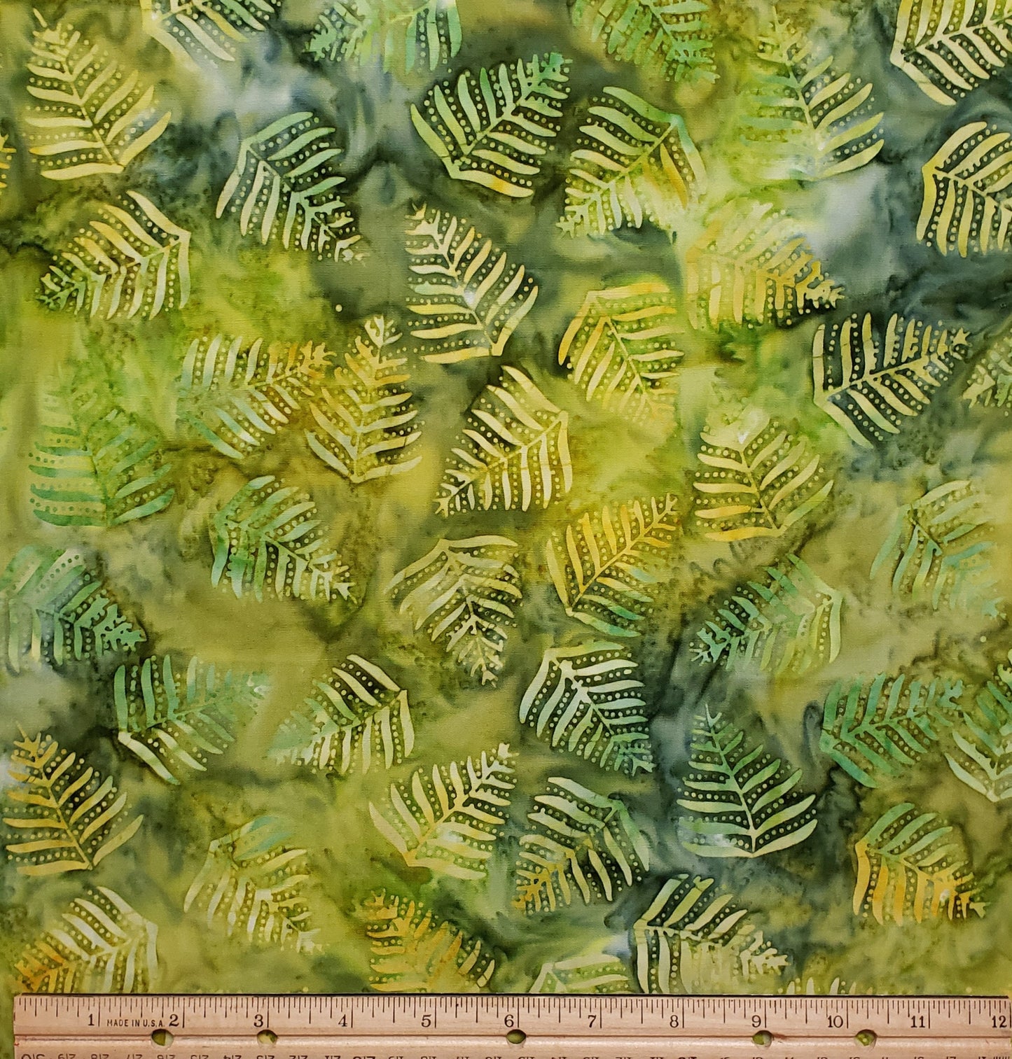 BATIK - Medium Dark Green and Gold Fabric with Gold Leaf/Tree Pattern