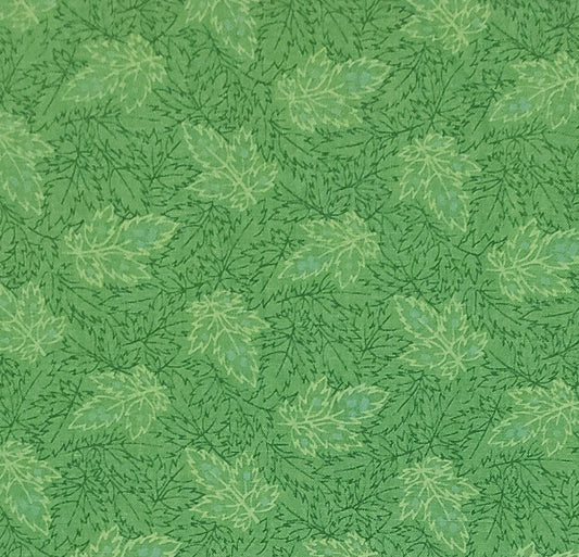 Green Fabric with Light Green Large Leaf and Dark Green Small Leaf Pattern - Selvage to Selvage Print