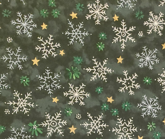 2004 Blank Textiles, Inc. - Mottled Green Fabric / Green Flowers / White Snowflakes / Gold Stars