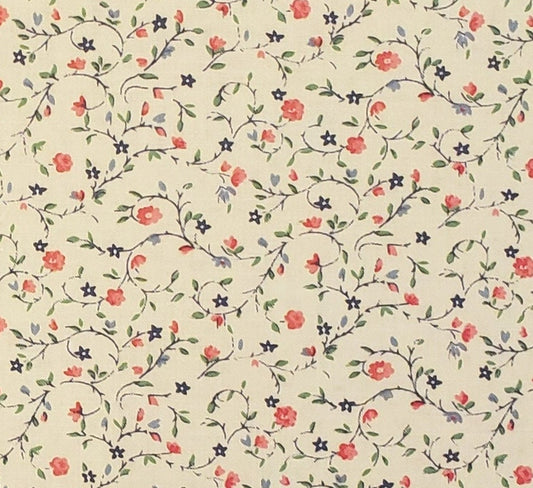 Pale Mint Reproduction Style Fabric with Smith Pink Flowers / Dark Blue Vines / Green Leaves - Selvage to Selvage Print