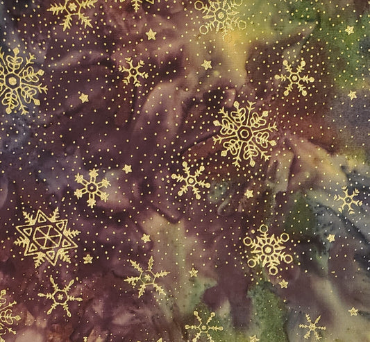 BATIK - Plum / Blue / Green Fabric with Gold Metallic Snowflakes