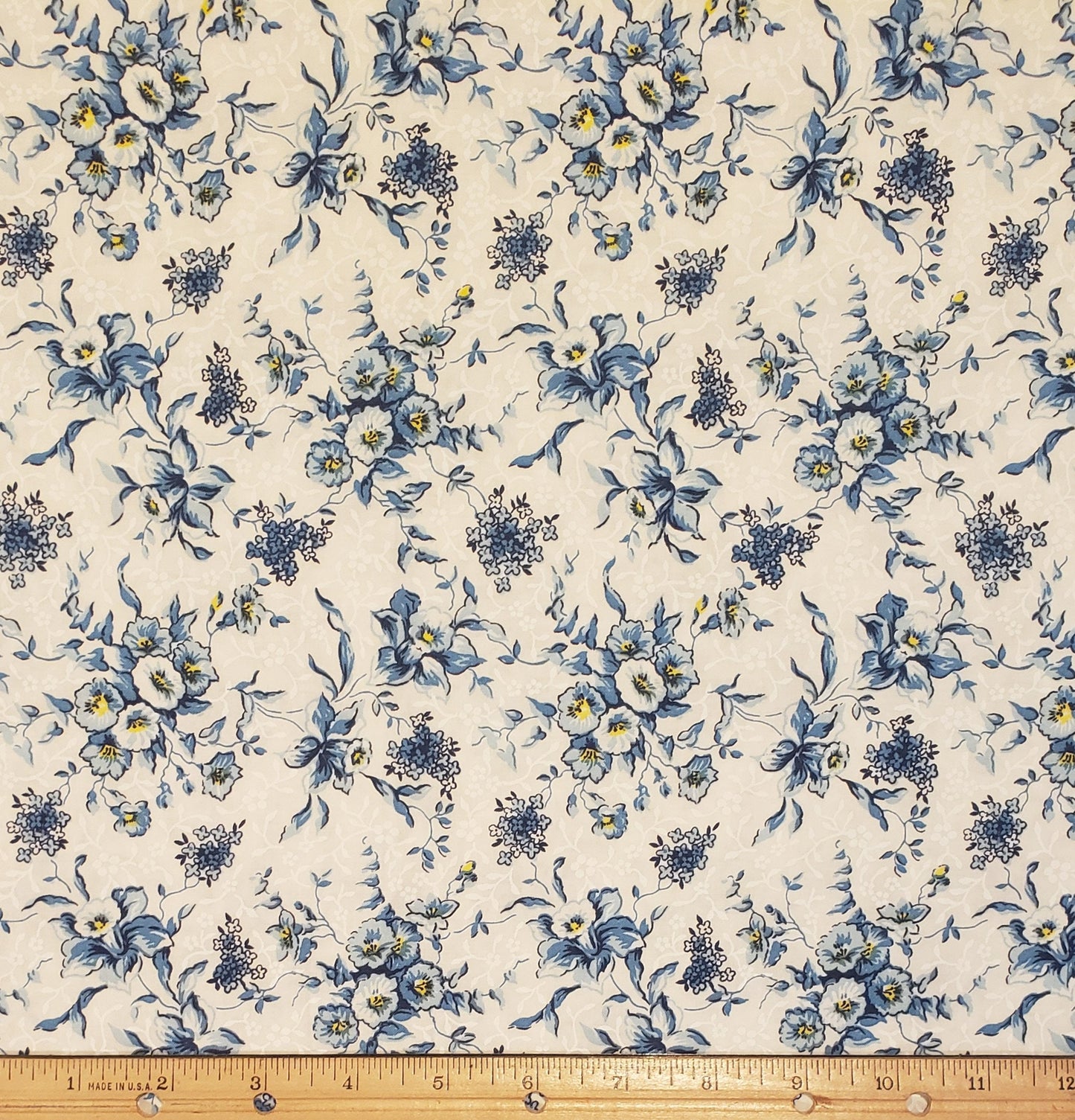 Classic Cottons 2000 - Soft White Reproduction Style Fabric with Blue Flowers and White Small Flower and Leaf Accent