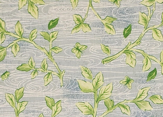 Medium Blue Water Print Fabric with White Waves and Green Branches - Selvage to Selvage Print