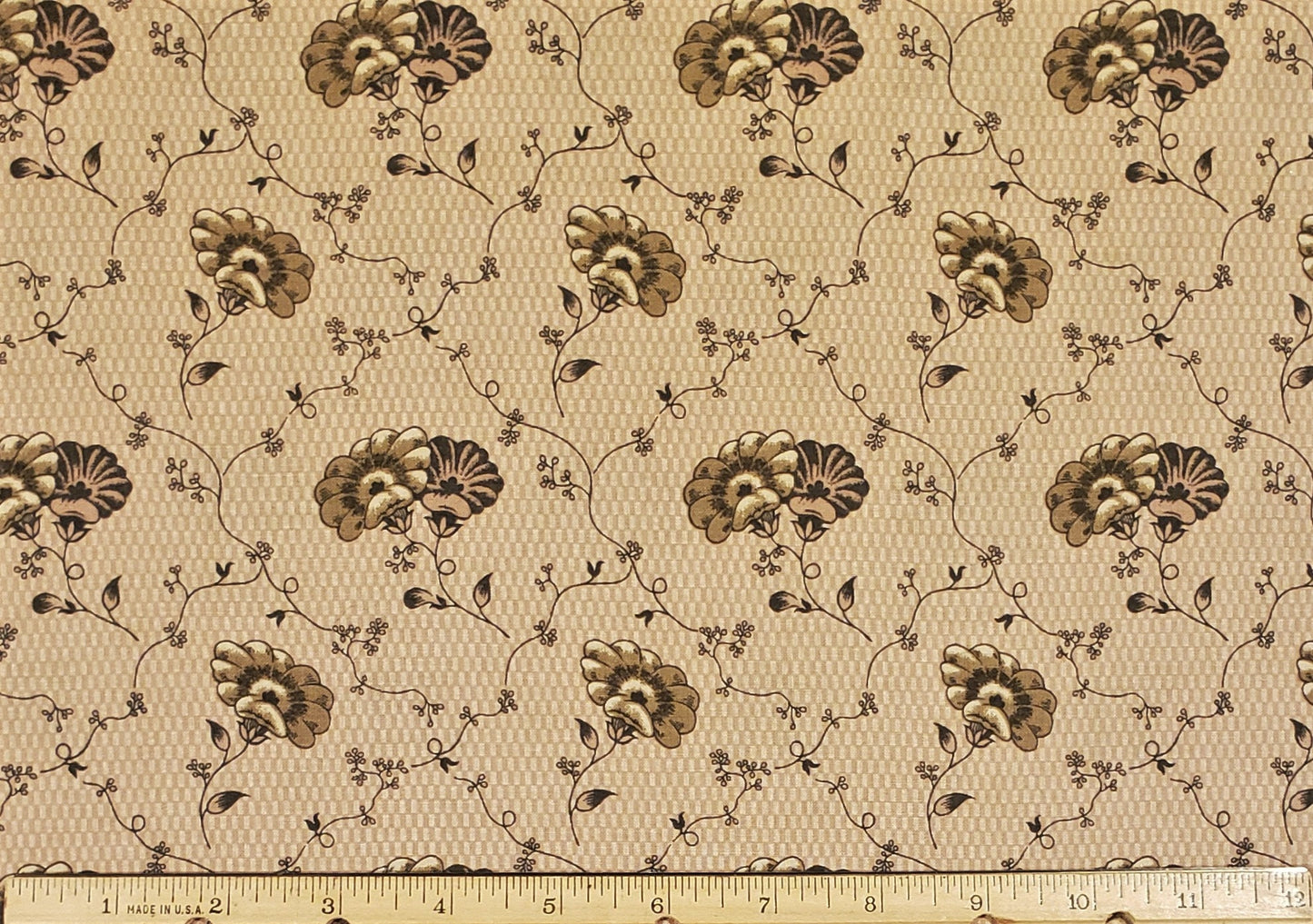 Shenandoah Collection by Designer's Sketchbook D# 8347 - Tan and Cream Fabric with Light Brown and Black Flower and Vine Pattern