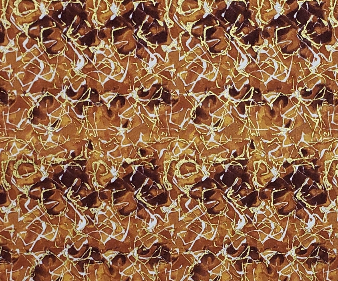 Moon Flowers by Pamela Mostek for Clothworks - Multi-Tone Brown Print Fabric with Metallic Gold Pattern