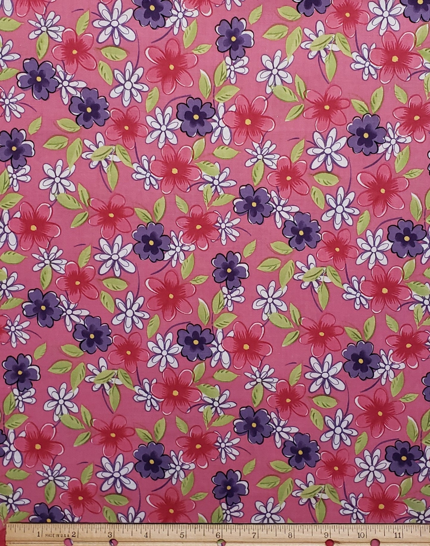 Medium Pink Fabric with Darker Pink, White and Purple Flowers