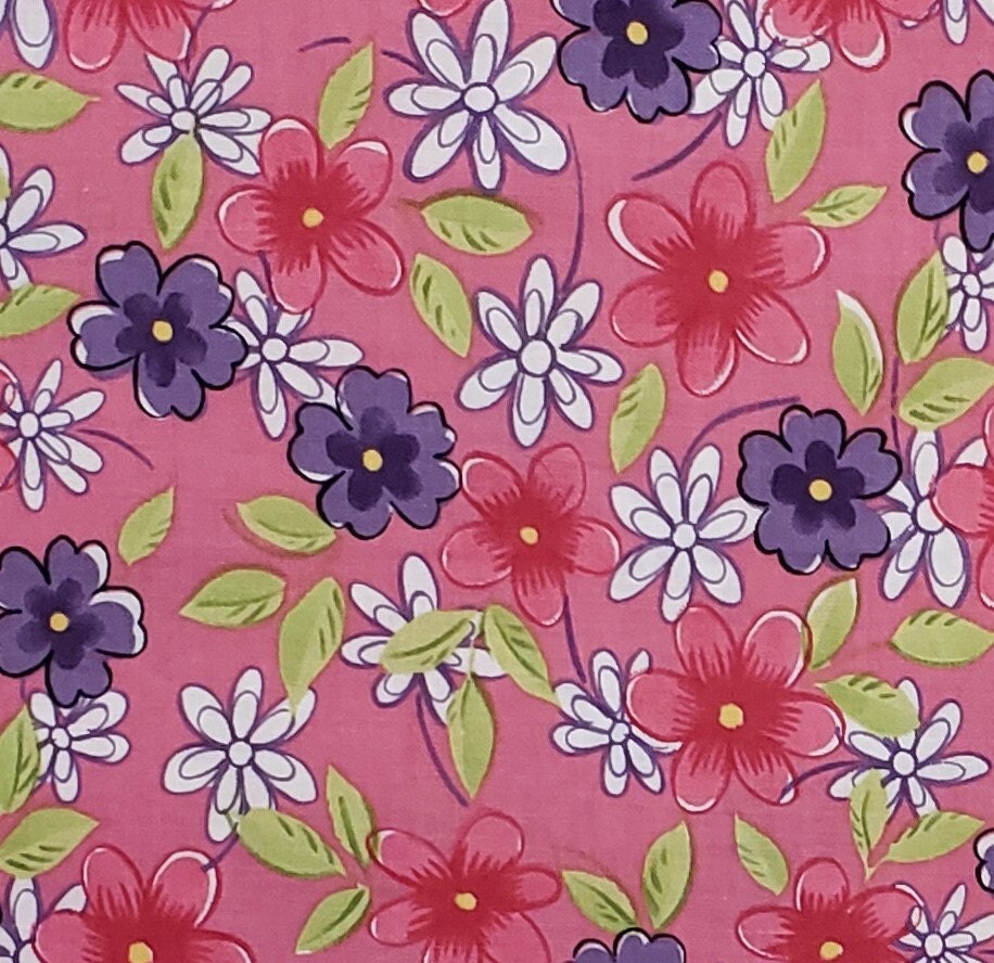 Medium Pink Fabric with Darker Pink, White and Purple Flowers