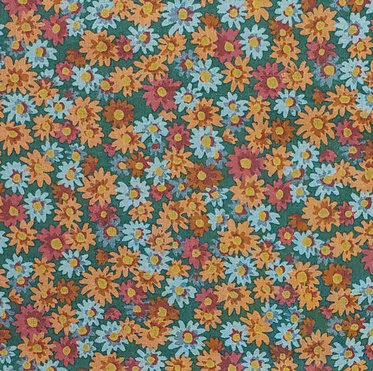 Concord Fabrics, Inc. - Dark Green Fabric with Dark Coral, Dark Rose and Slate Blue Flowers