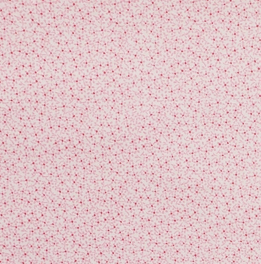 Vintage Style Allover Tiny Pink Flower Print with Dark Red Centers on White Fabric