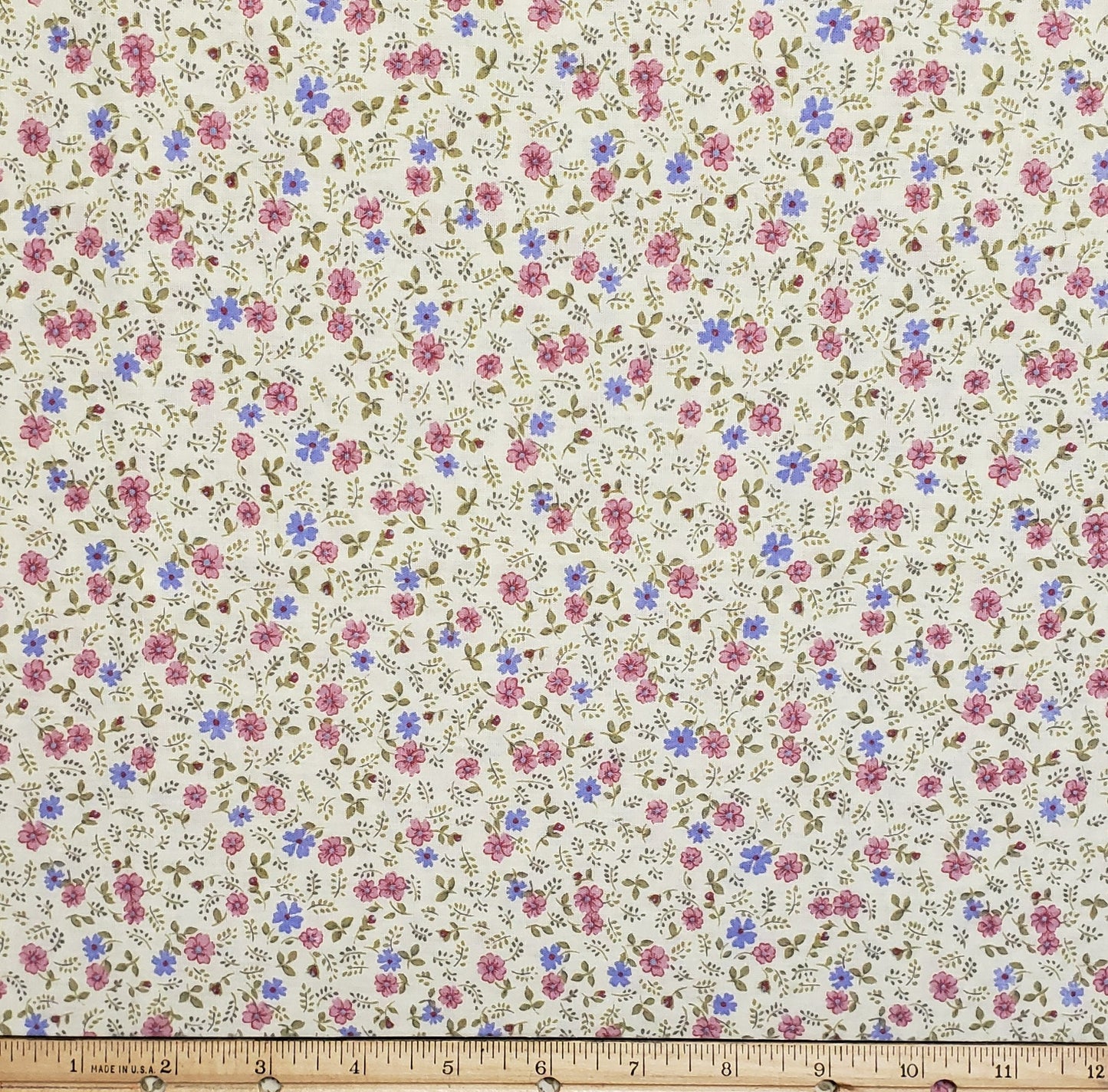 Vintage Cream Fabric with Pink and Blue Flower Print