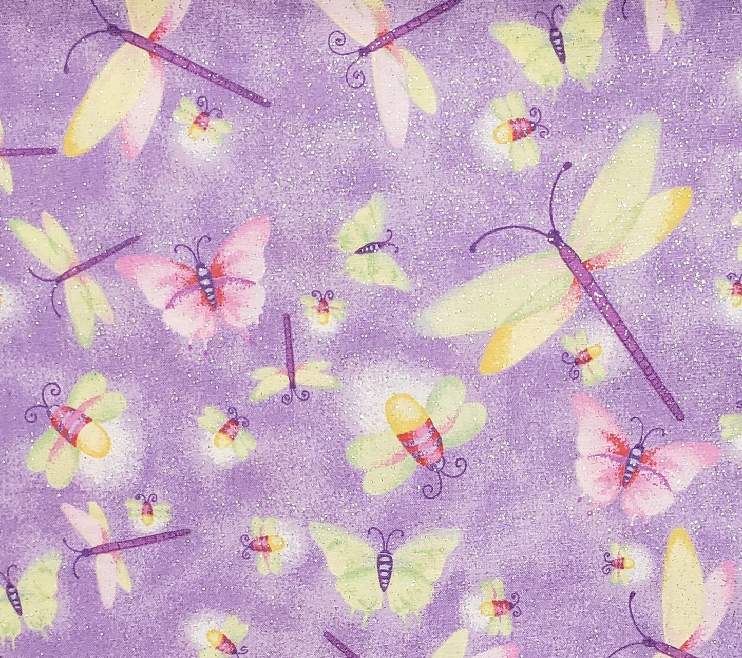 Fabric Traditions 2006 NTT Inc-Pale Purple Mottled Fabric/Pink Butterflies/Yellow, Lime Green, Purple Dragonfly & Butterflies/Silver Glitter