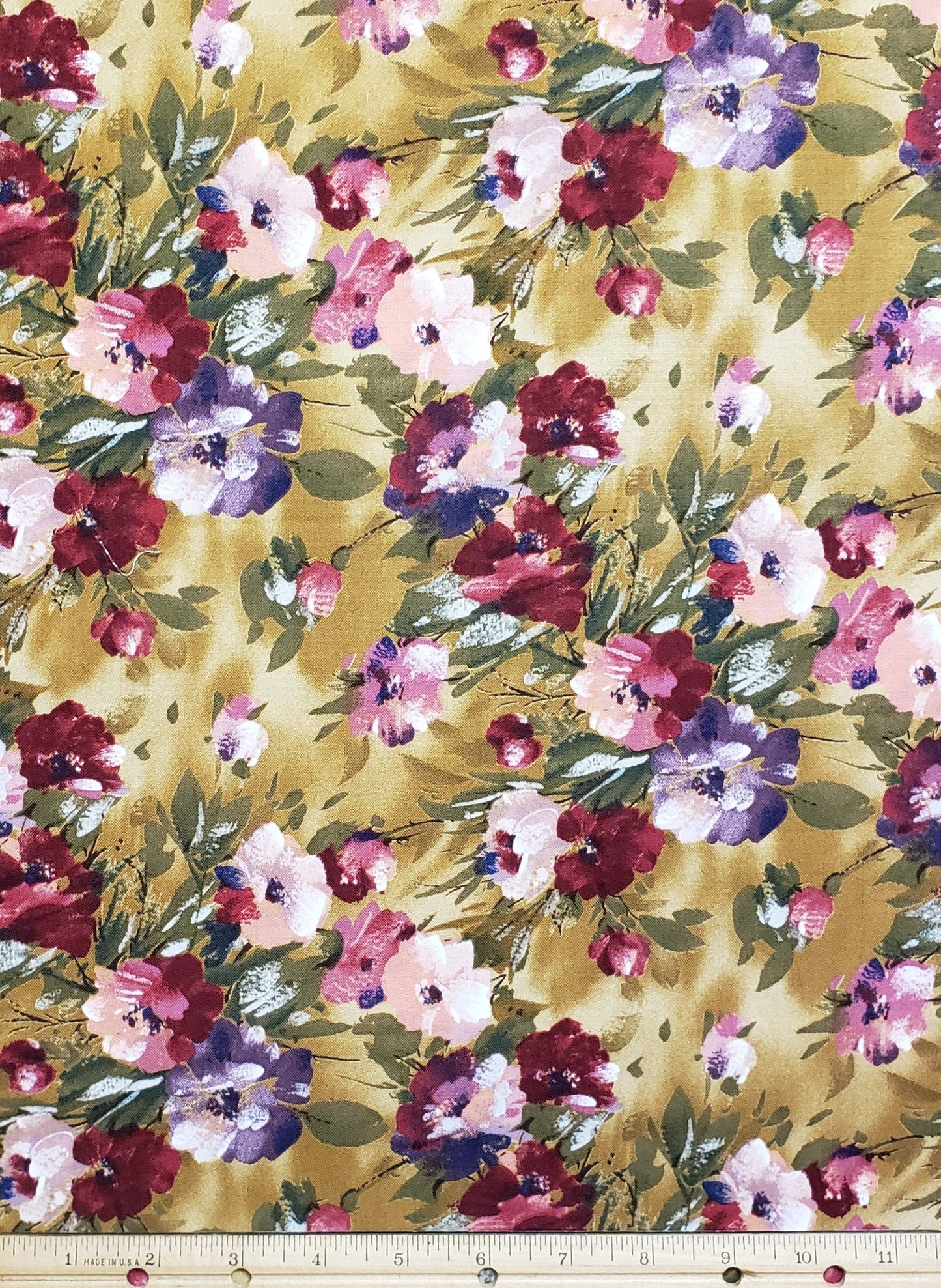 Designed and Produced Exclusively for JoAnn Fabric & Craft Stores-Dark Gold Mottled Fabric/Red, Pink, Purple Watercolor Style Floral Print