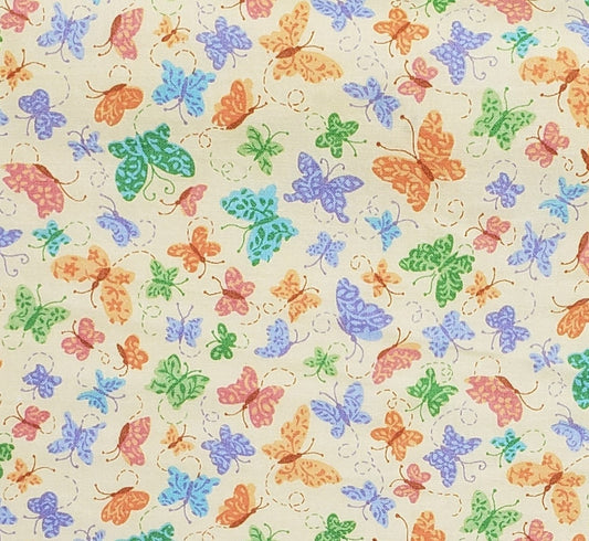 Pale Yellow Fabric / Orange, Blue, Green and Lavender Butterfly Print