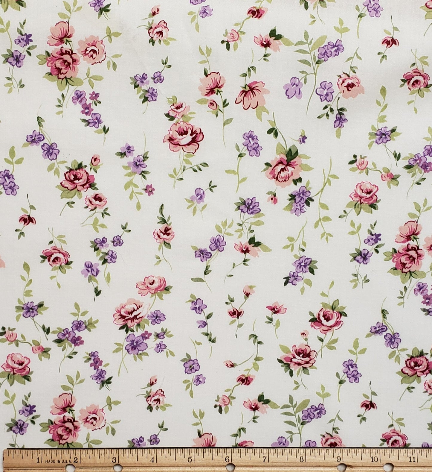 Designed and Produced Exclusively for JoAnn Fabric and Craft Stores - Ivory Fabric with Pink and Purple Flower Print