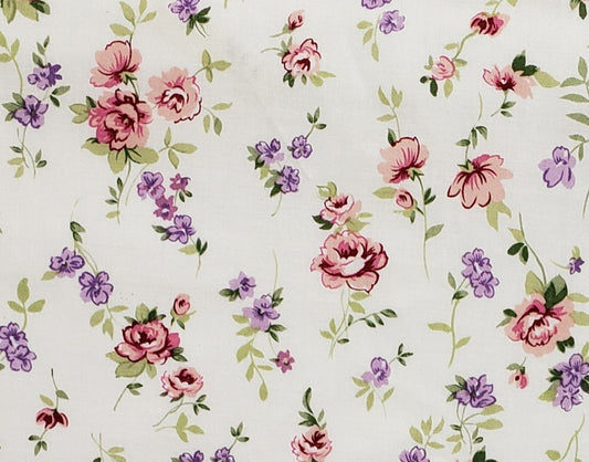 Designed and Produced Exclusively for JoAnn Fabric and Craft Stores - Ivory Fabric with Pink and Purple Flower Print