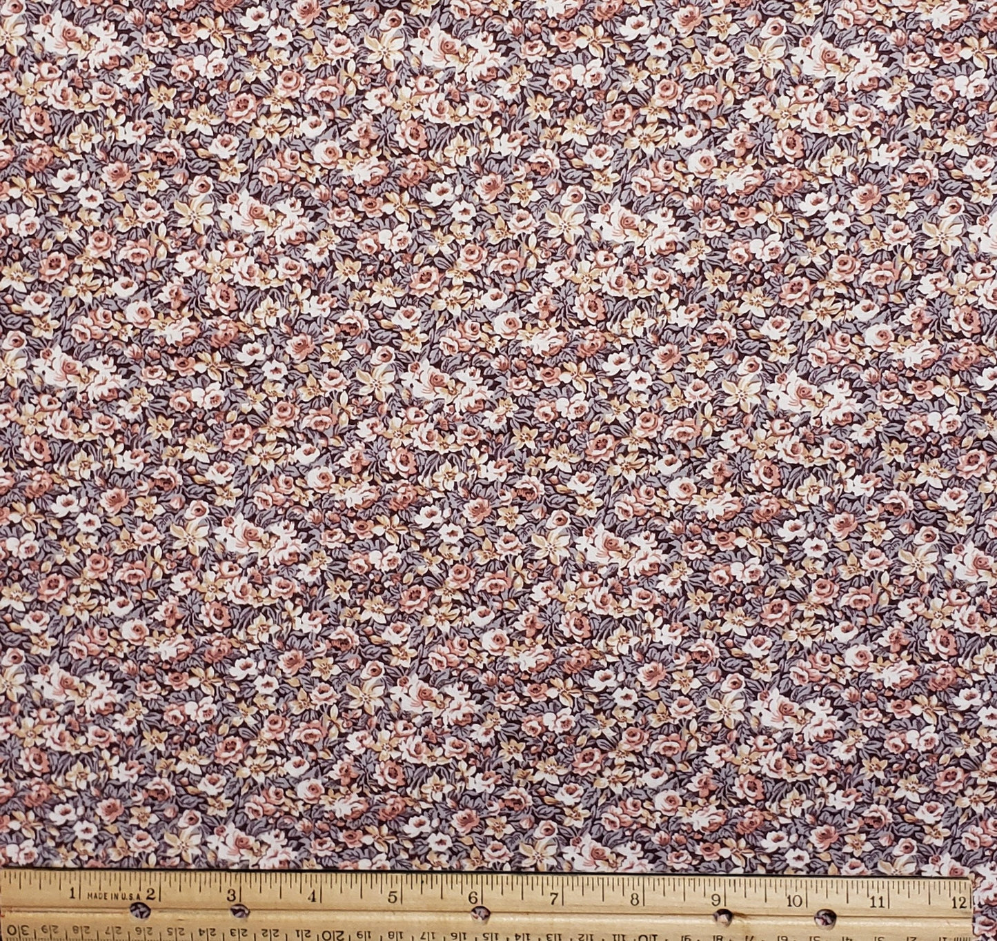 Dark Brown Fabric with Vintage Gray, Rose and Tan Floral Print