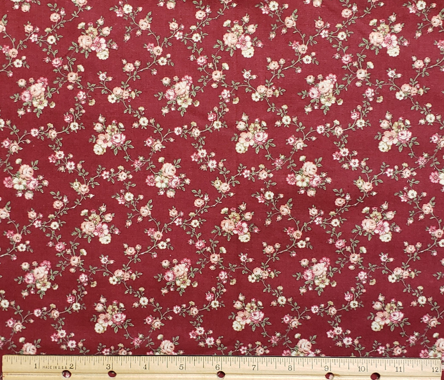 Cranberry Fabric / Vintage Style Pink and Tan Flower Print