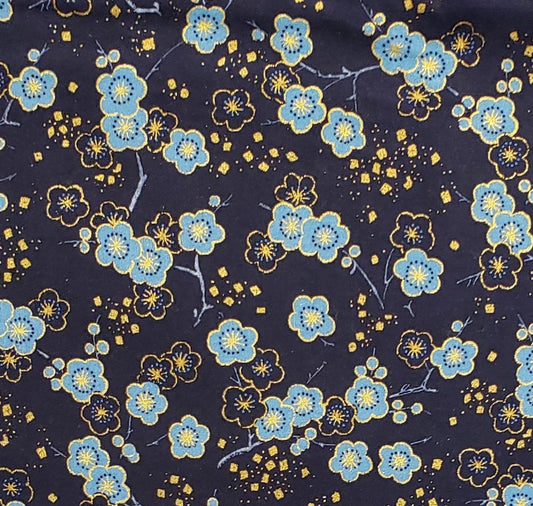 Classic Cottons 2004 - Dark Blue Fabric with Light Blue Flowers and Gold Metallic Accents