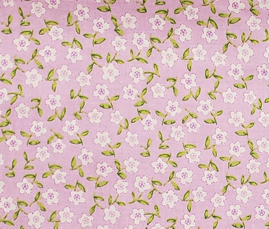 Pink Fabric / White and Darker Pink Flower / Bright Green Leaves - Selvage to Selvage Print