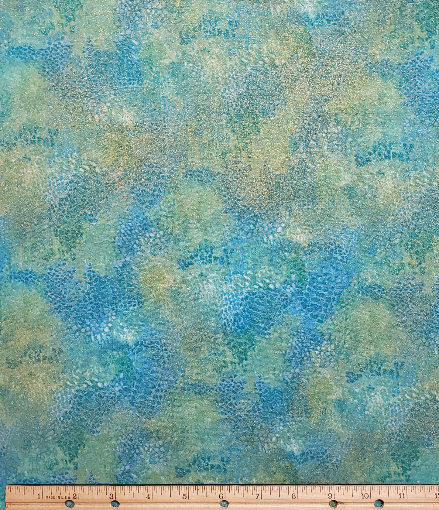 Rain Forest by Ro Gregg Pattern 2598M Northcott - Bright Blue and Pale Green / Marbled Fabric with Gold Metallic Shimmer